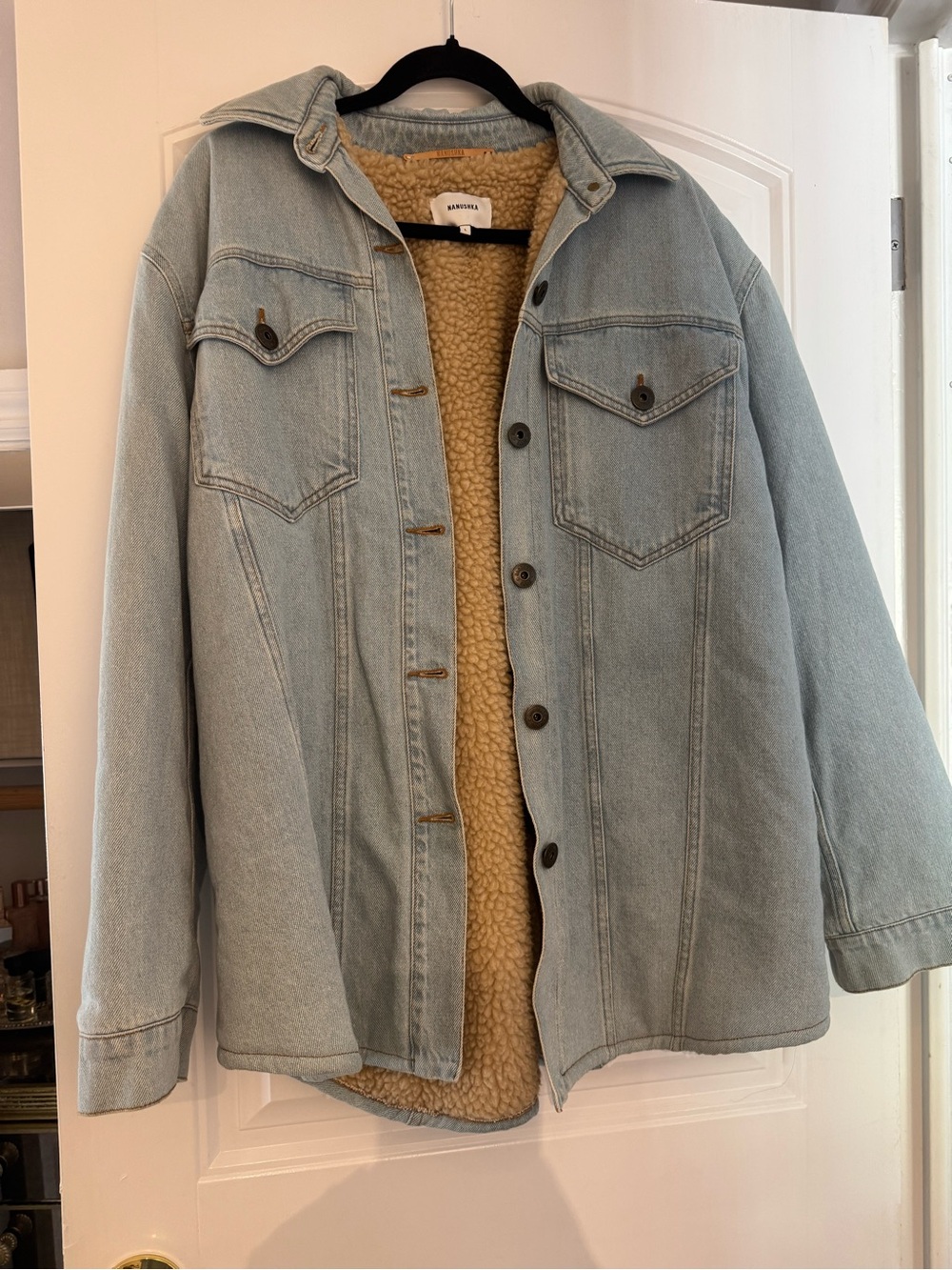 Nanushka Light Blue Denim Jacket with Tan Sherpa Lining